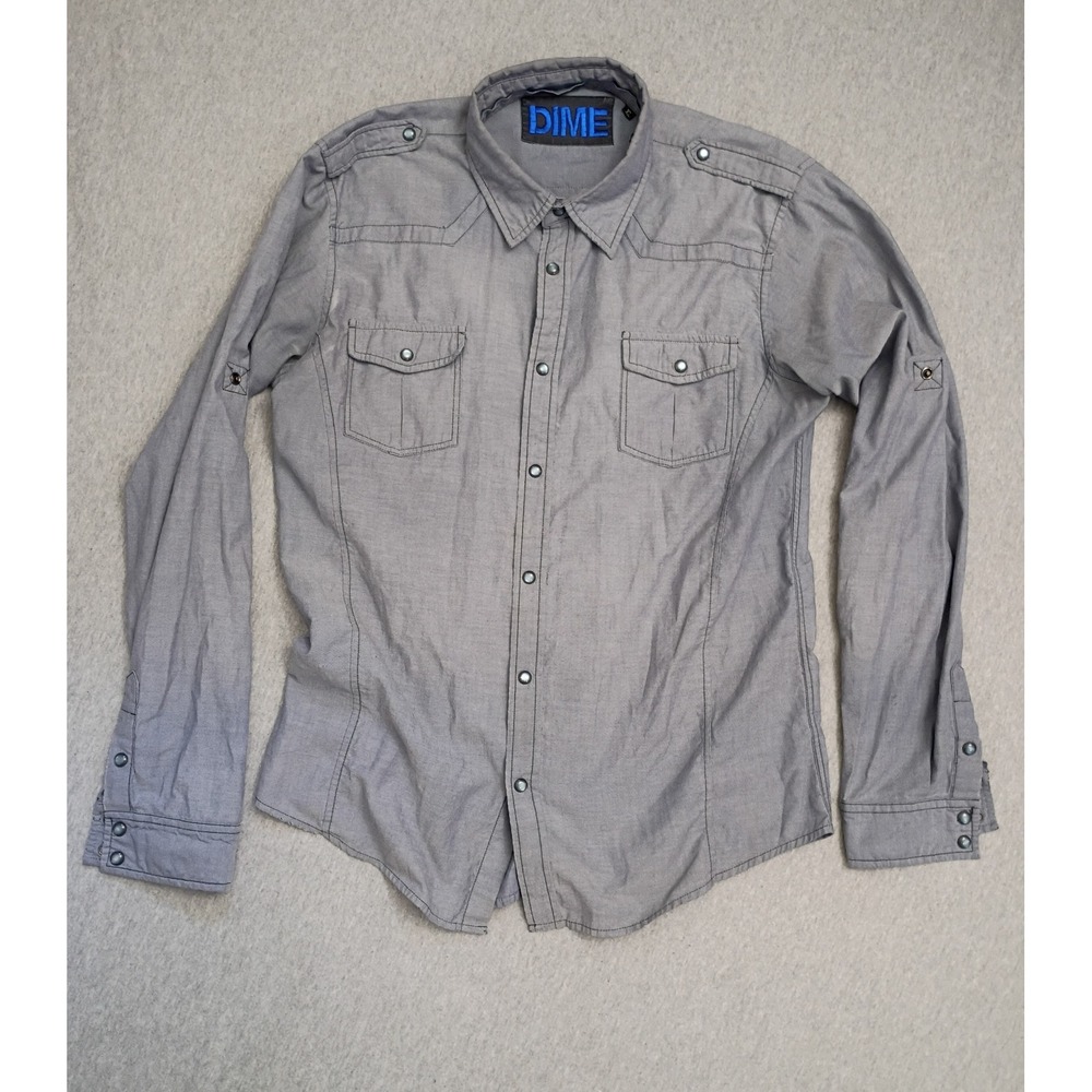 Dime Logan Mens Gray Western Snap Button Up Shirt XL Long Sleeve Epaulets